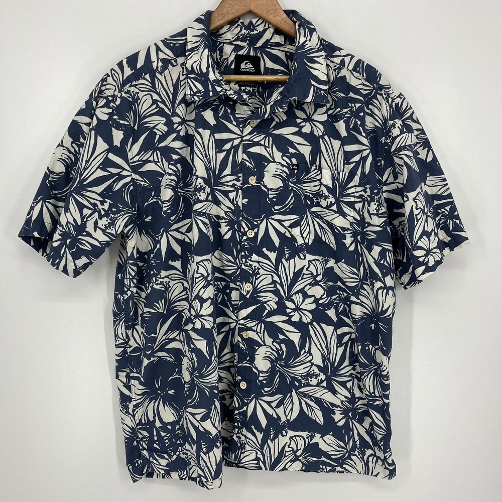 Quiksilver Mens XL Short Sleeve Button Up Shirt Blue White Floral Hawaiian